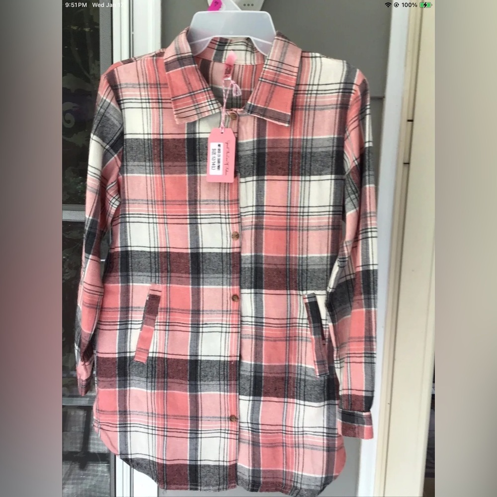 Bonnie Bianca Girls flannel Shirt L 12/14 Top Pink Gray Nwt Youth Retail $38.00